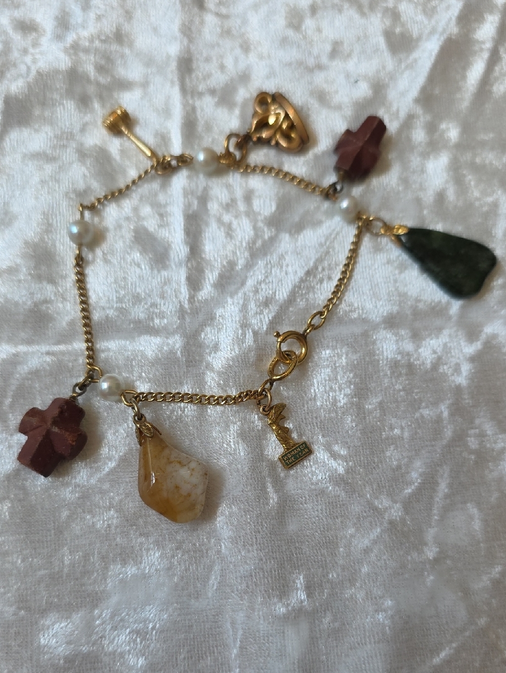 Womens Vintage Boho Charm Bracelet 12k GF with Stone, Wood, Gold Tone Charms